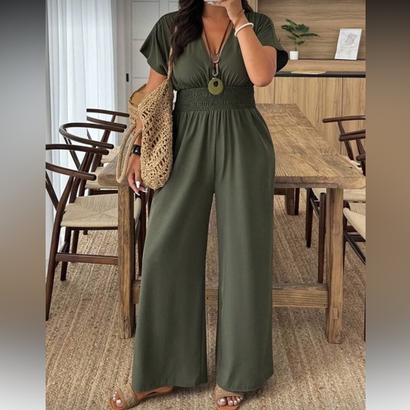 Olive Green Wide-Leg Jumpsuit - Picture 1 of 16
